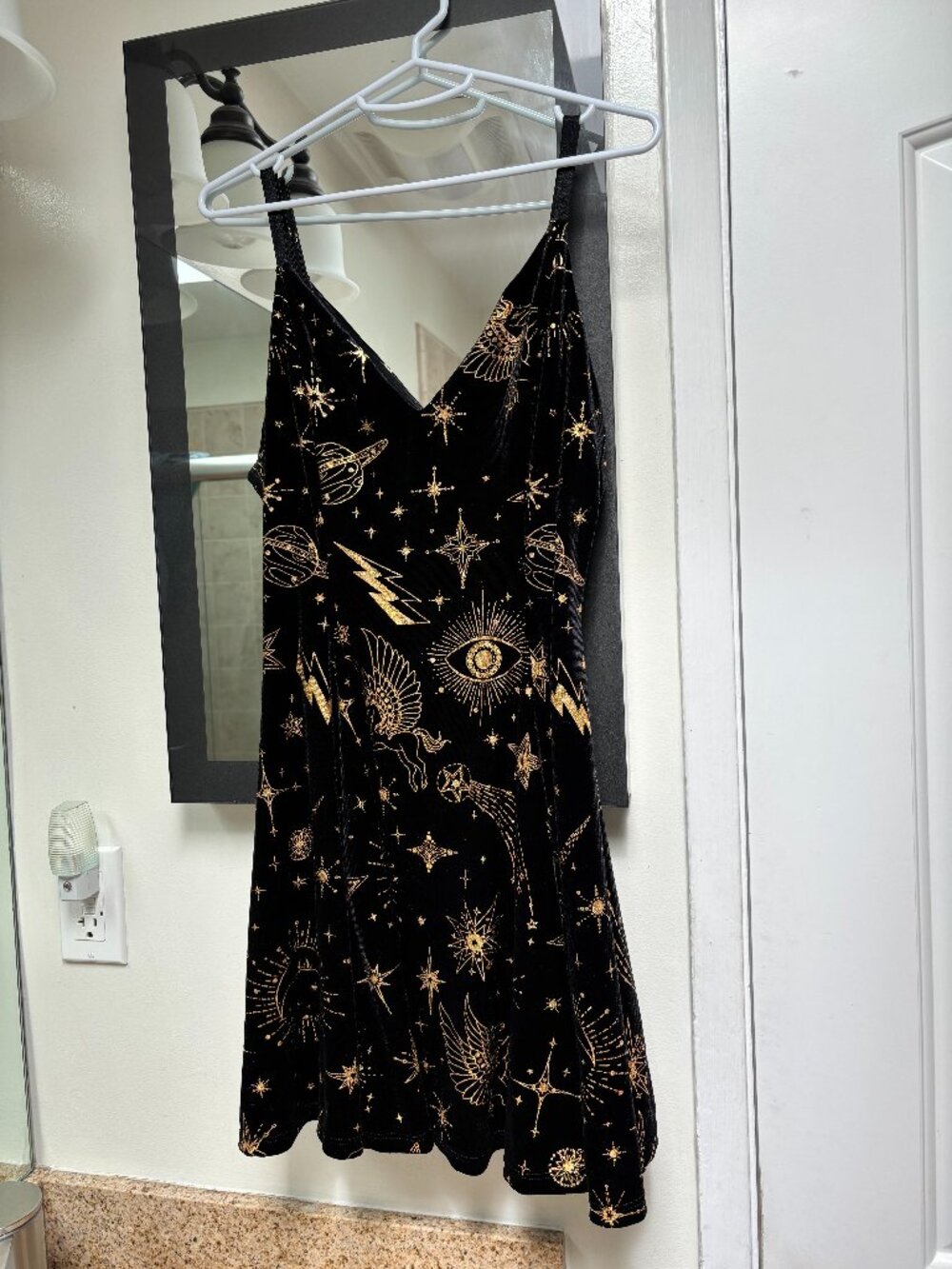 Blackmilk Celestial Astrology Sky Diamonds Black Velvet Mini Dress Gold Foil